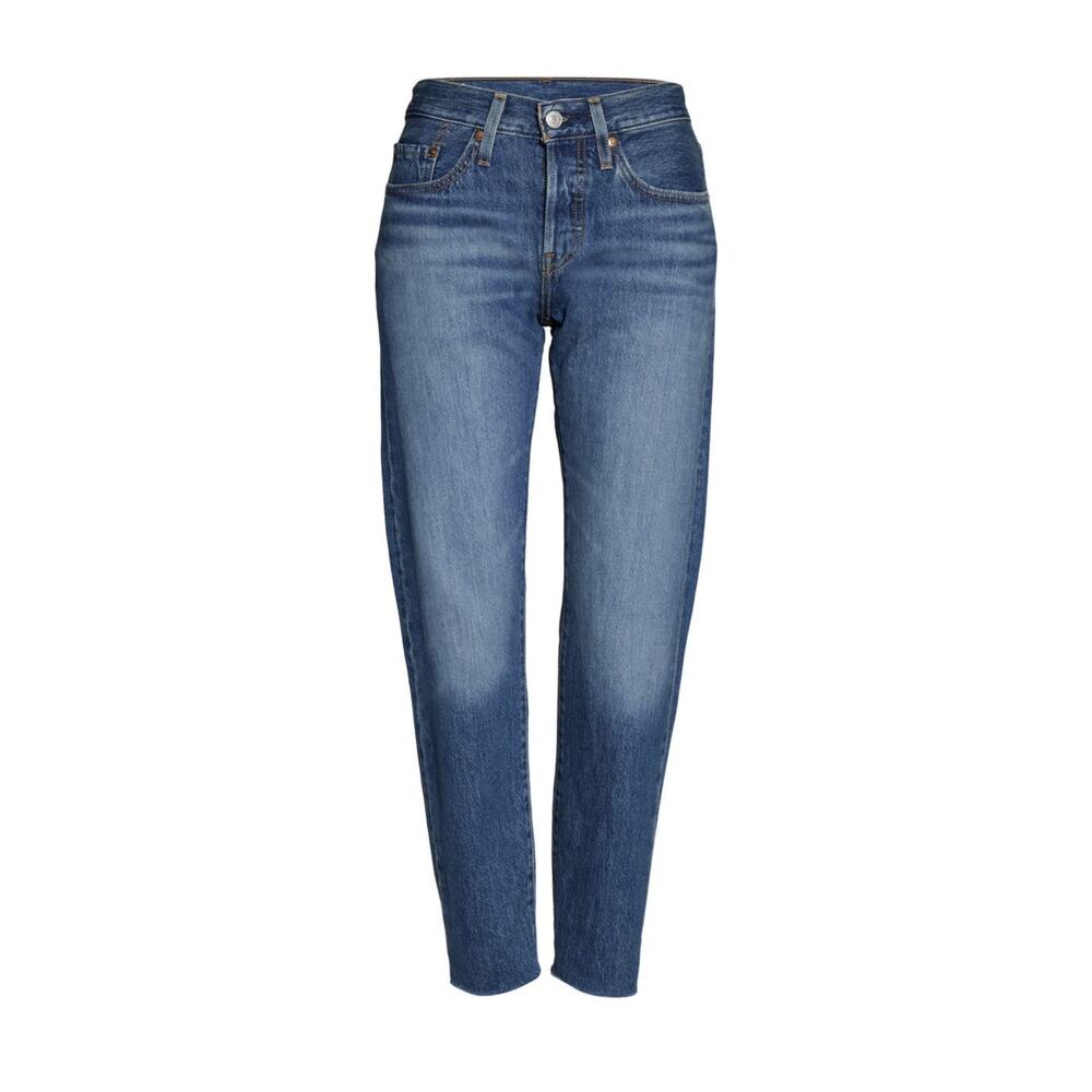 Levi's 501 Tapered Raw Hem Jeans Size 25 High Rise Mid Blue Wash Rigid Denim